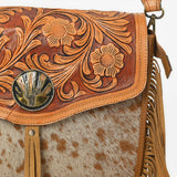 American Darling Western Floral Tooled Leather & Cowhide Fringe Crossbody Bag