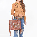 American Darling Genuine Leather Hair-On Cowhide Tooled Fringe Tote Bag