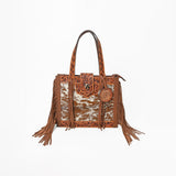 American Darling Genuine Leather Hair-On Cowhide Tooled Fringe Tote Bag