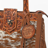 American Darling Genuine Leather Hair-On Cowhide Tooled Fringe Tote Bag