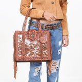 American Darling Genuine Leather Hair-On Cowhide Tooled Fringe Tote Bag