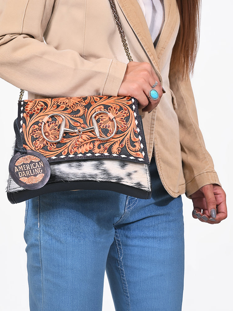 American Darling Western Tooled Leather Crossbody Bag with Hair-On Cowhide