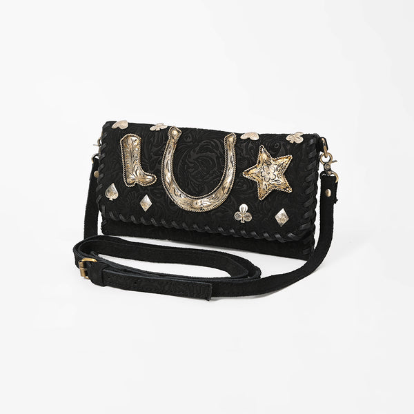 American Darling Black Leather Western Crossbody Bag with Embossed Floral