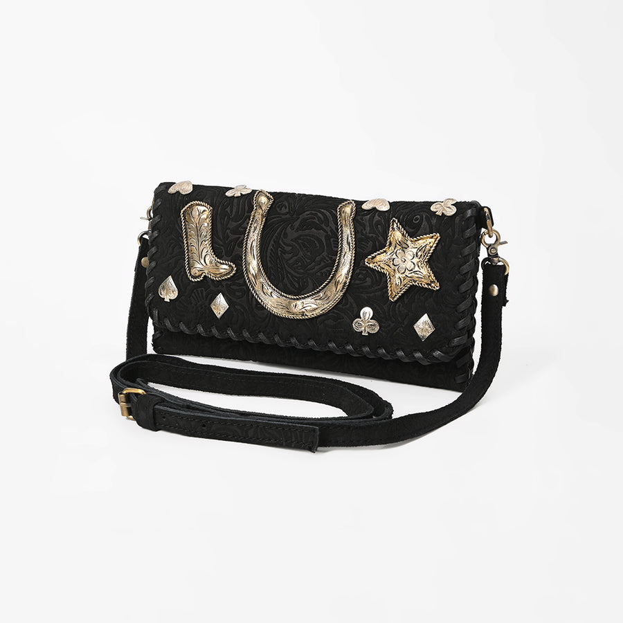American Darling Black Leather Western Crossbody Bag with Embossed Floral