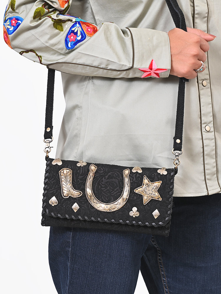 American Darling Black Leather Western Crossbody Bag with Embossed Floral