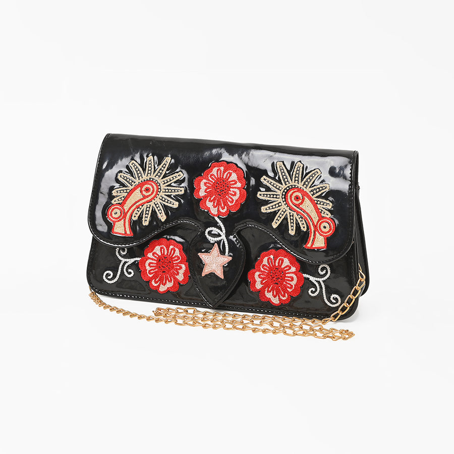 American Darling Black Genuine Leather Western Crossbody Clutch with Embroidered Cowboy Boots Floral Design Gold Chain Strap