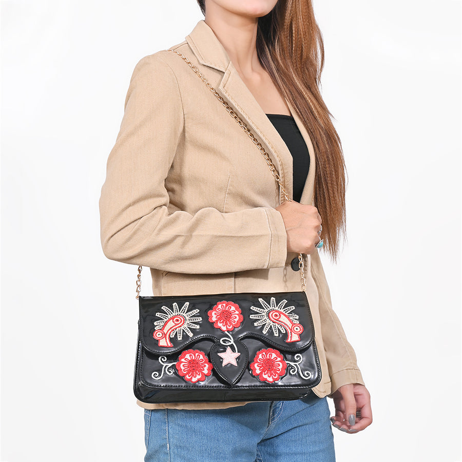 American Darling Black Genuine Leather Western Crossbody Clutch with Embroidered Cowboy Boots Floral Design Gold Chain Strap