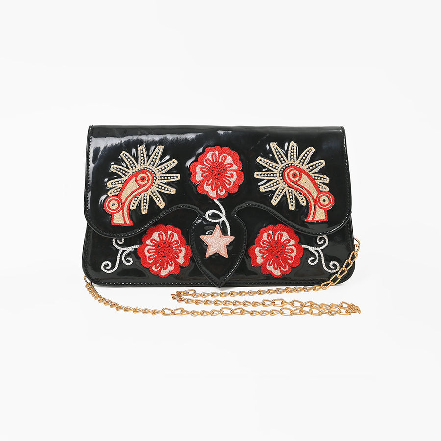 American Darling Black Genuine Leather Western Crossbody Clutch with Embroidered Cowboy Boots Floral Design Gold Chain Strap