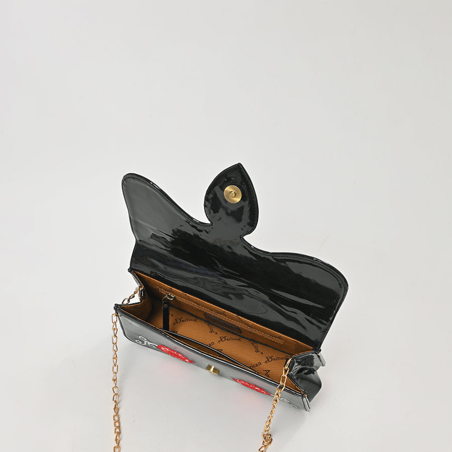 American Darling Black Genuine Leather Western Crossbody Clutch with Embroidered Cowboy Boots Floral Design Gold Chain Strap
