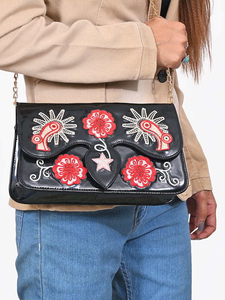 American Darling Black Genuine Leather Western Crossbody Clutch with Embroidered Cowboy Boots Floral Design Gold Chain Strap