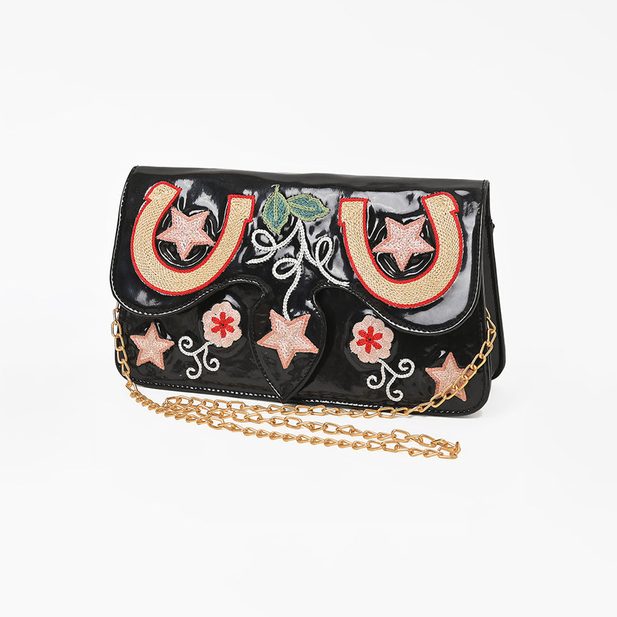 American Darling Women's Black Embroidered Western Horseshoe Chain Strap Clutch Crossbody Purse