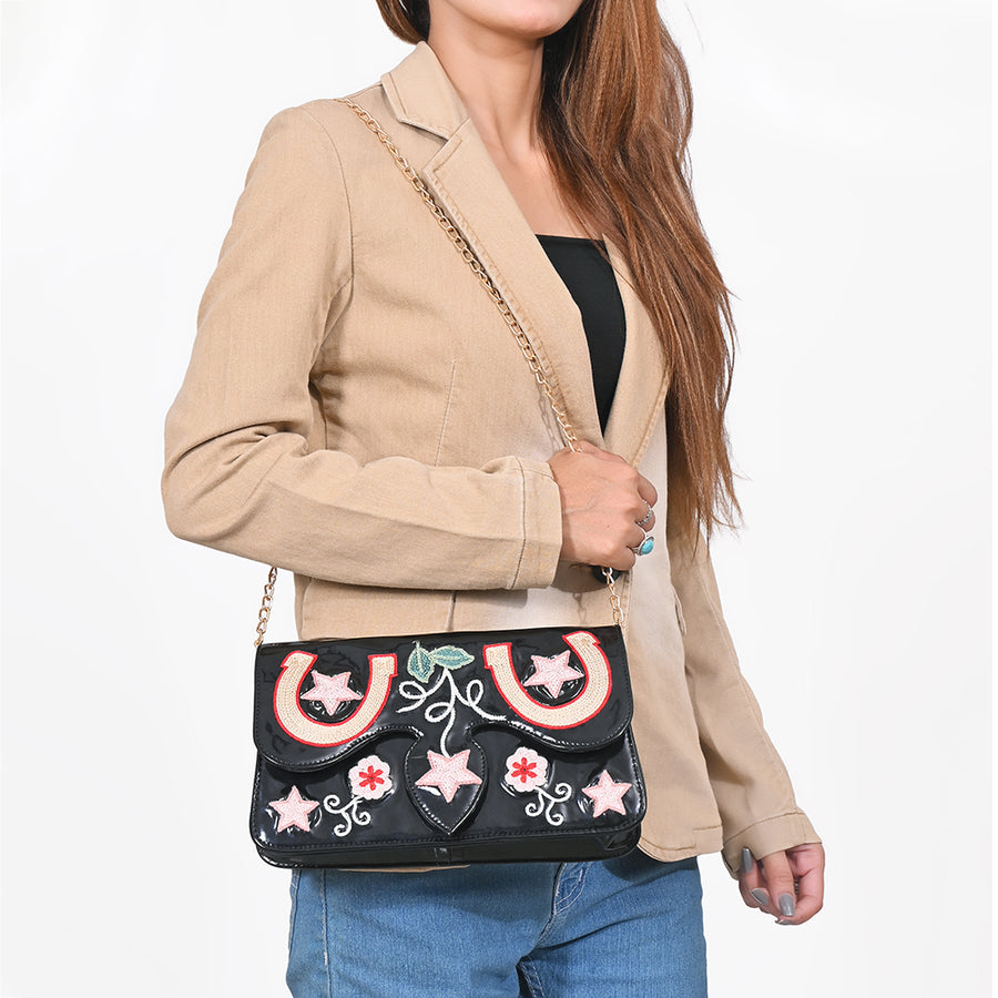 American Darling Women's Black Embroidered Western Horseshoe Chain Strap Clutch Crossbody Purse