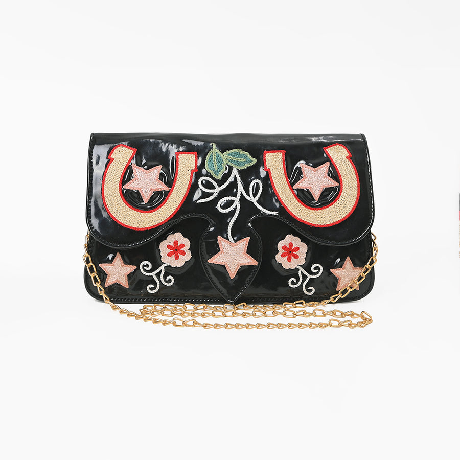American Darling Women's Black Embroidered Western Horseshoe Chain Strap Clutch Crossbody Purse