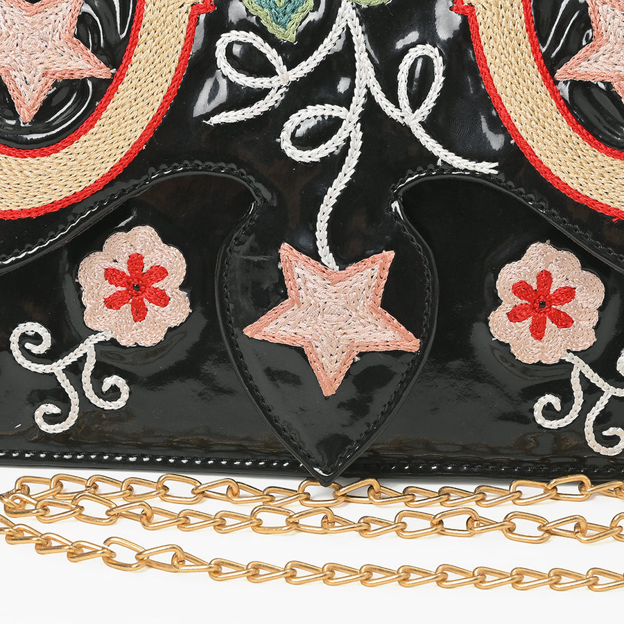 American Darling Women's Black Embroidered Western Horseshoe Chain Strap Clutch Crossbody Purse