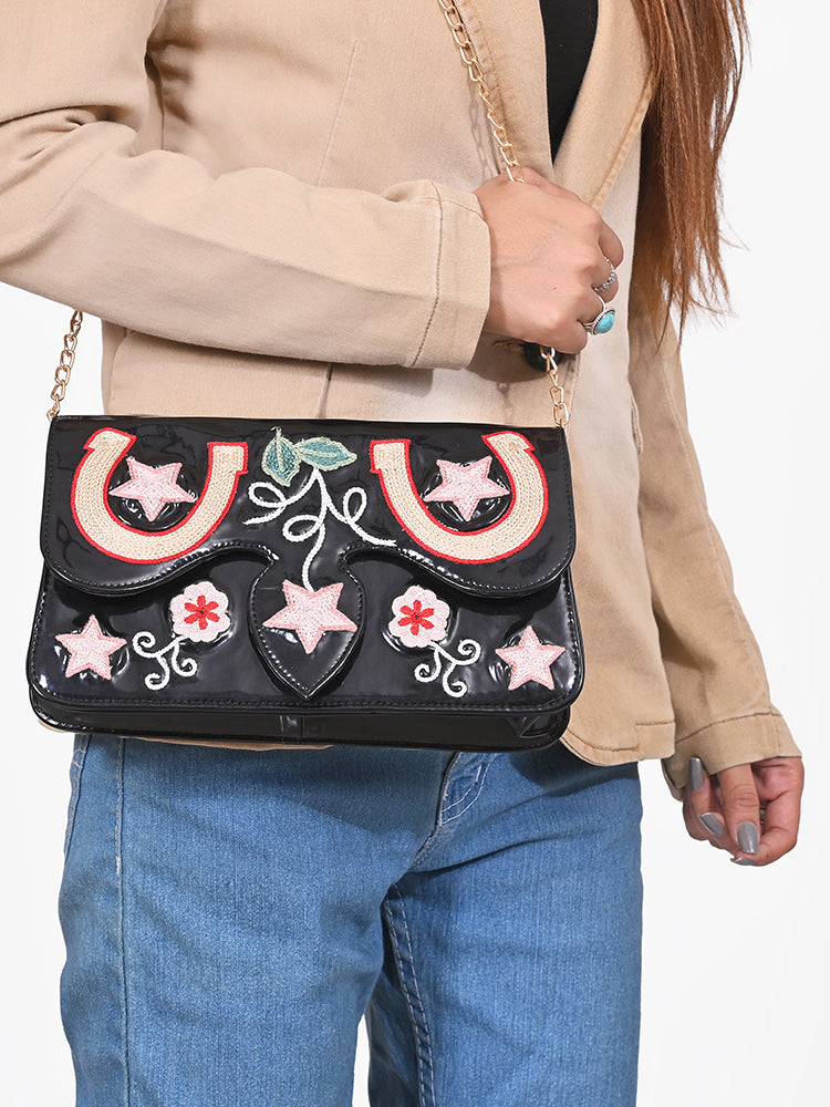 American Darling Women's Black Embroidered Western Horseshoe Chain Strap Clutch Crossbody Purse