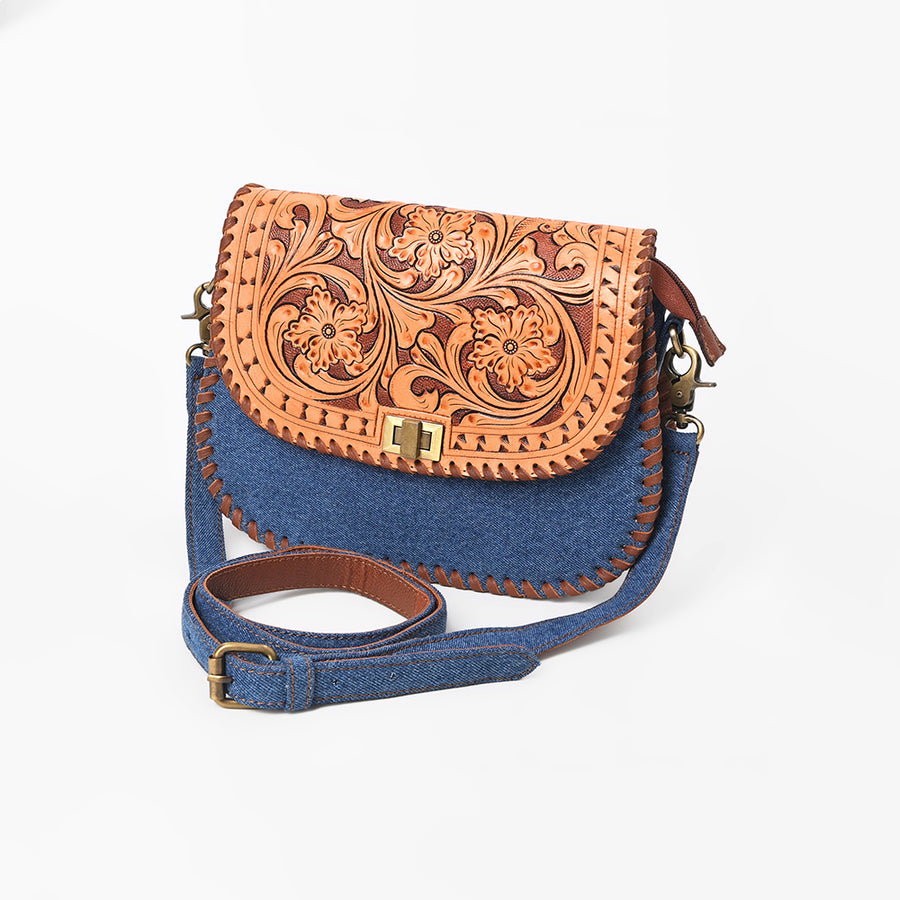 American Darling Western Tooled Leather & Denim Crossbody Bag