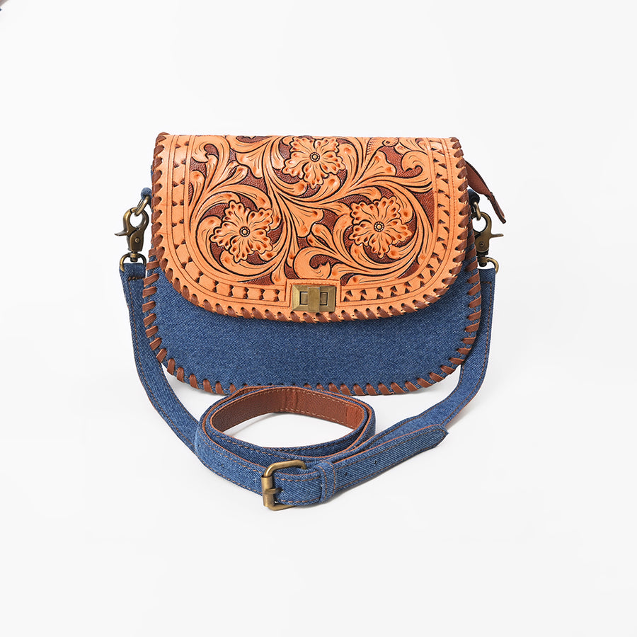 American Darling Western Tooled Leather & Denim Crossbody Bag