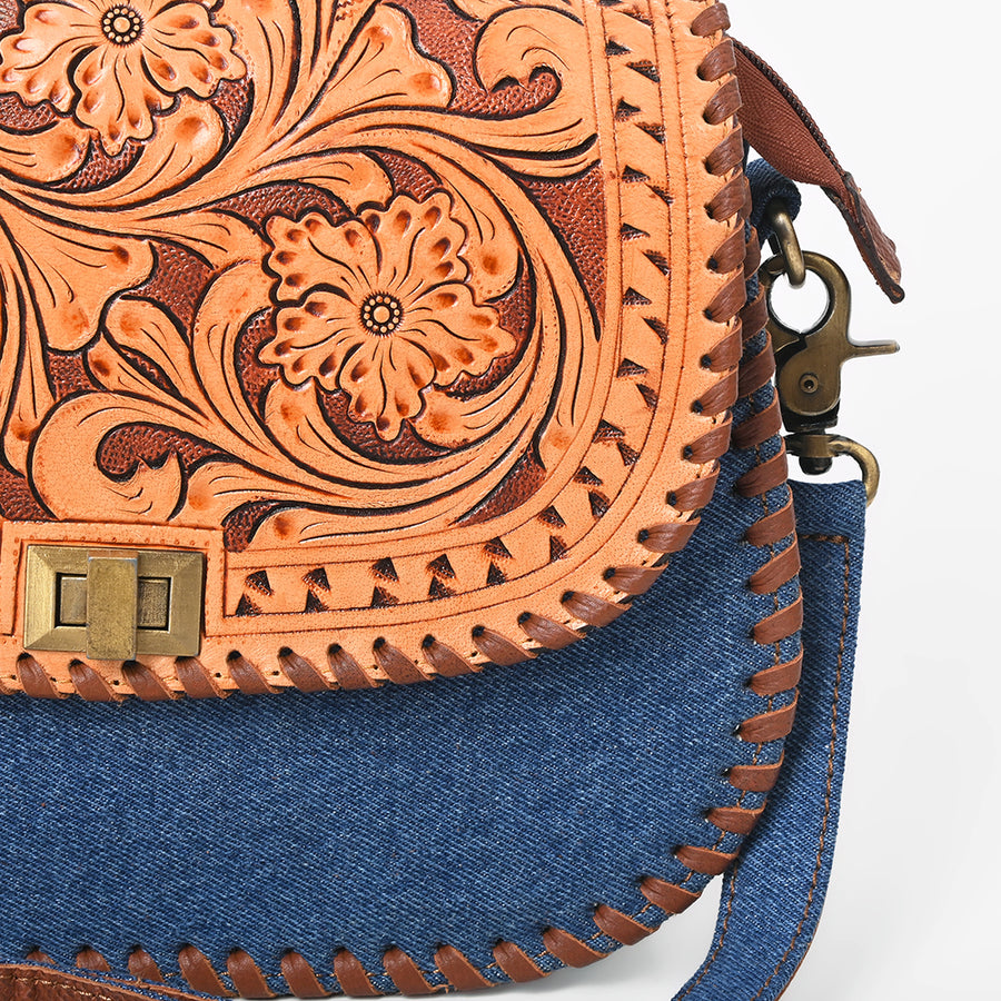 American Darling Western Tooled Leather & Denim Crossbody Bag