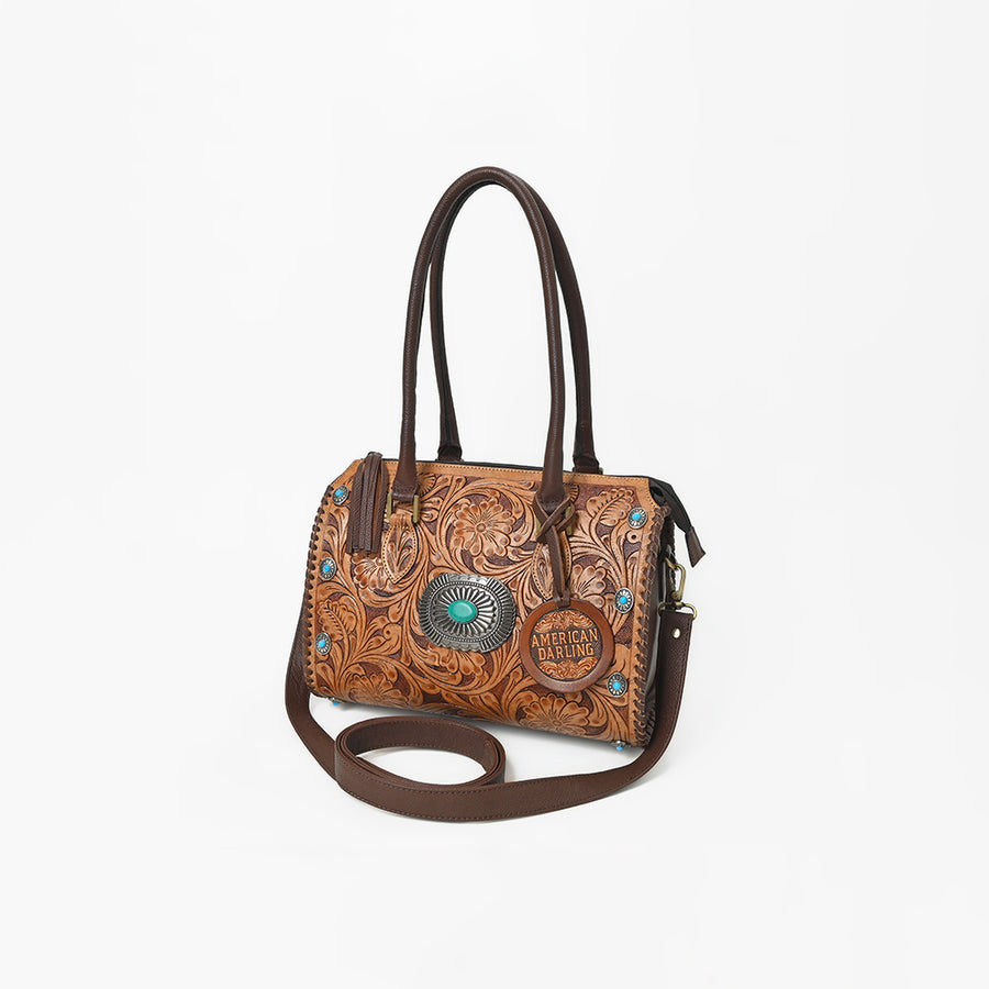 American Darling Western Tooled Leather Tote Bag with Turquoise Concho