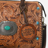 American Darling Western Tooled Leather Tote Bag with Turquoise Concho