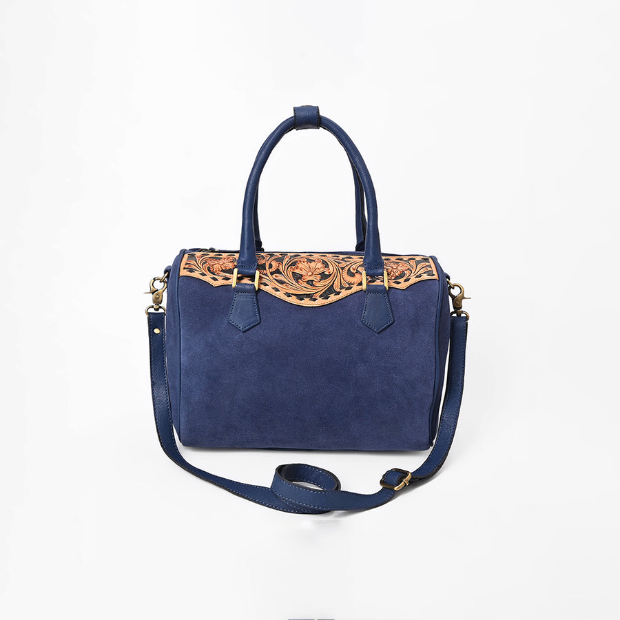 American Darling Navy Blue Suede Tote Bag w/ Floral Tooled Leather