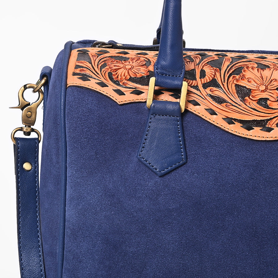 American Darling Navy Blue Suede Tote Bag w/ Floral Tooled Leather