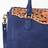 American Darling Navy Blue Suede Tote Bag w/ Floral Tooled Leather