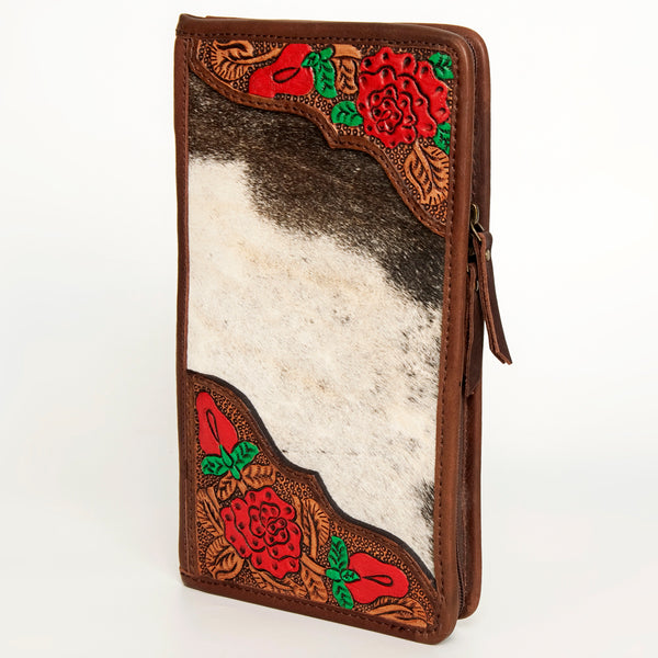 American Darling Women's Hair-On Cowhide Jewelry Case Hand Tooled Floral Carved Eco-Friendly Vegetable-Tanned Genuine Leather