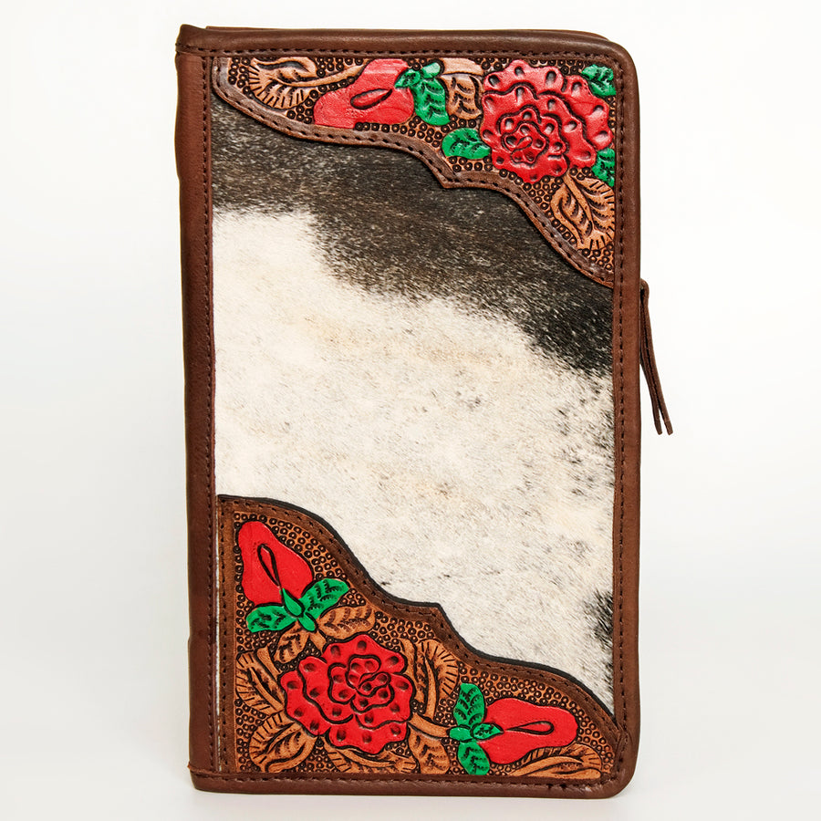 American Darling Women's Hair-On Cowhide Jewelry Case Hand Tooled Floral Carved Eco-Friendly Vegetable-Tanned Genuine Leather