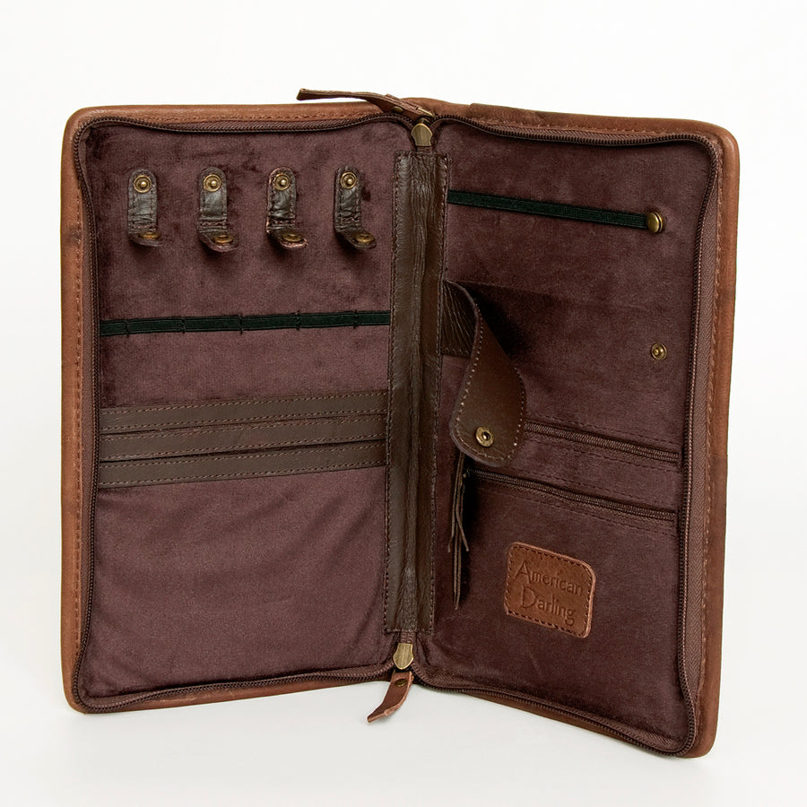American Darling Women's Hair-On Cowhide Jewelry Case Hand Tooled Floral Carved Eco-Friendly Vegetable-Tanned Genuine Leather