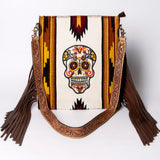 American Darling Woven Sugar Skull Handbag – Southwestern Striped Purse with Embroidered Skull, Tooled Leather Strap & Fringe