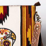 American Darling Woven Sugar Skull Handbag – Southwestern Striped Purse with Embroidered Skull, Tooled Leather Strap & Fringe