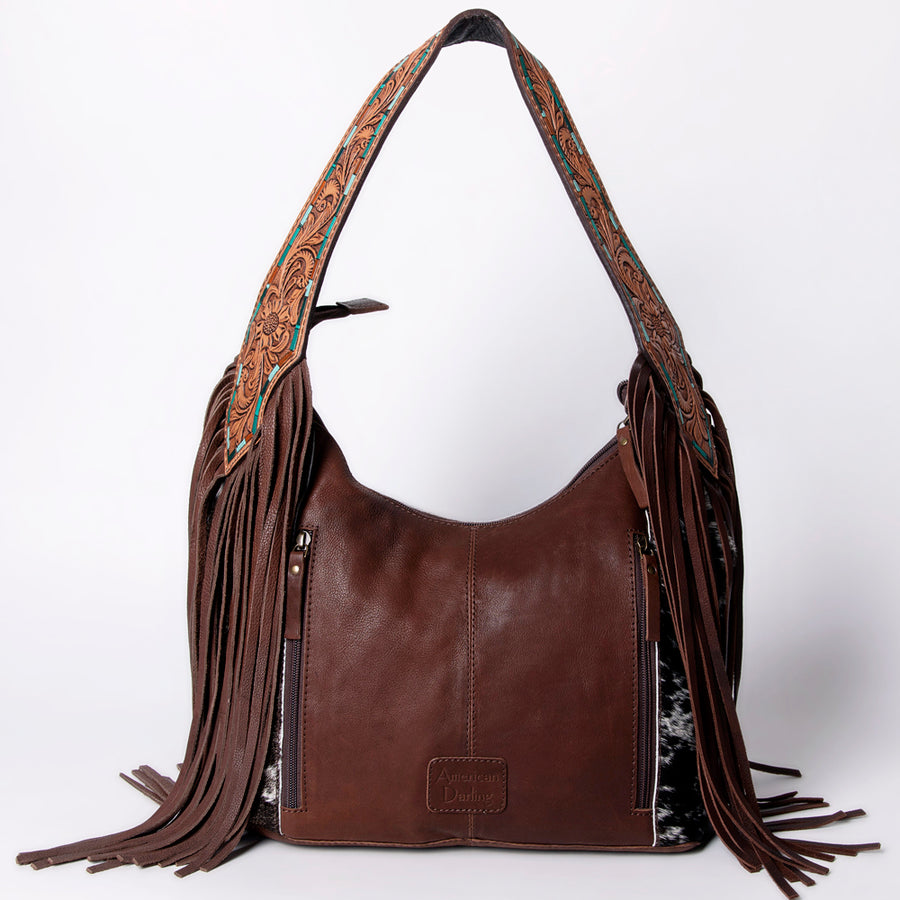 American Darling Hobo Bag for Women - Hair-On Cowhide, Hand Tooled Floral Carved Genuine Leather Shoulder Bag with Fringes
