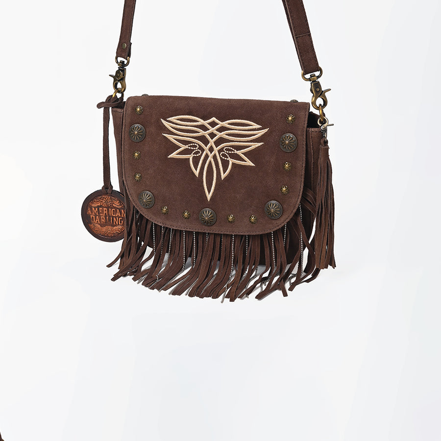 American Darling Genuine Suede Leather Fringe Cross body Bag with Embroidery - Uhorse