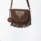 American Darling Genuine Suede Leather Fringe Cross body Bag with Embroidery - Uhorse