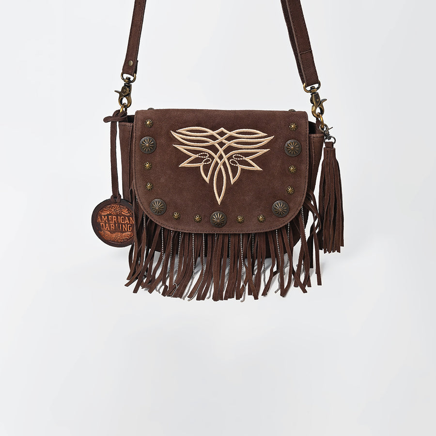 American Darling Genuine Suede Leather Cross body Bag - Fringe, Embroidery & Concho Eco-Friendly Vegetable Tanned Purse