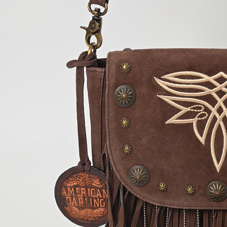 American Darling Genuine Suede Leather Cross body Bag - Fringe, Embroidery & Concho Eco-Friendly Vegetable Tanned Purse