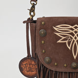 American Darling Genuine Suede Leather Cross body Bag - Fringe, Embroidery & Concho Eco-Friendly Vegetable Tanned Purse