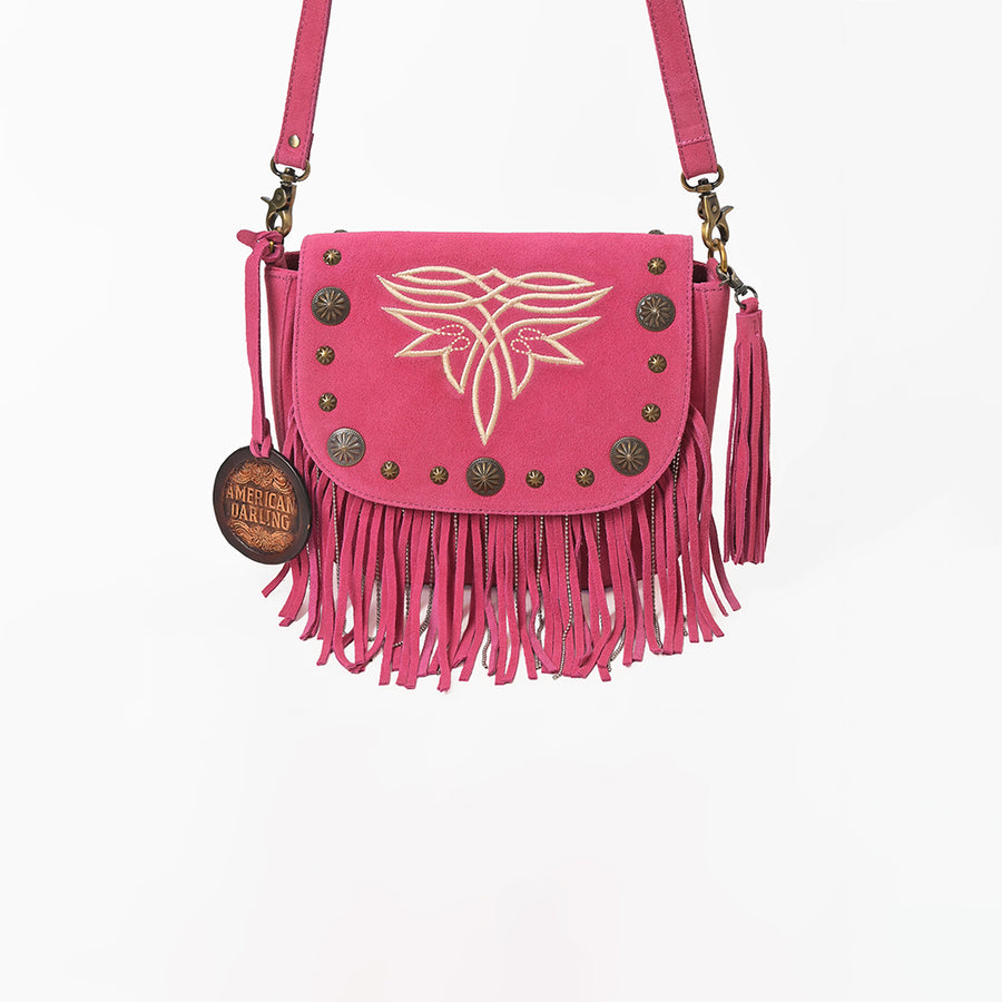 American Darling Genuine Suede Leather Cross body Bag - Fringe, Embroidery & Concho Eco-Friendly Vegetable Tanned Purse