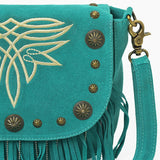American Darling Genuine Suede Leather Cross body Bag - Fringe, Embroidery & Concho Eco-Friendly Vegetable Tanned Purse