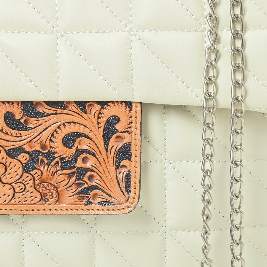 American Darling Cream Quilted Crossbody Bag with Tooled Leather Accent