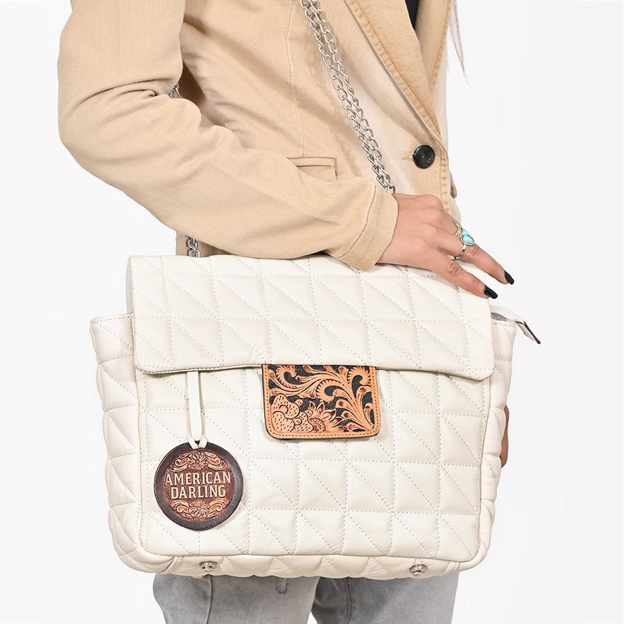 American Darling Cream Quilted Crossbody Bag with Tooled Leather Accent