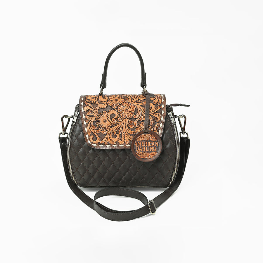 American Darling Dark Brown Quilted Satchel with Floral Tooled Leather Flap