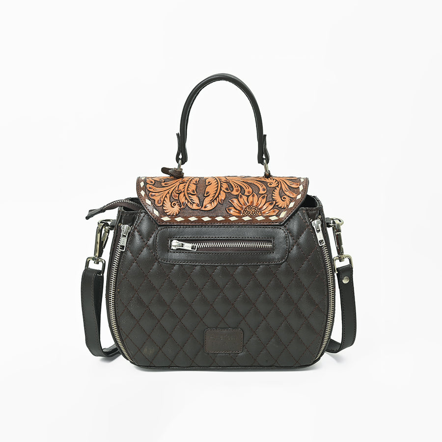 American Darling Dark Brown Quilted Satchel with Floral Tooled Leather Flap