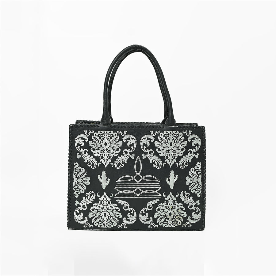 American Darling Black Western Embroidered Tote Bag with White Cactus Details