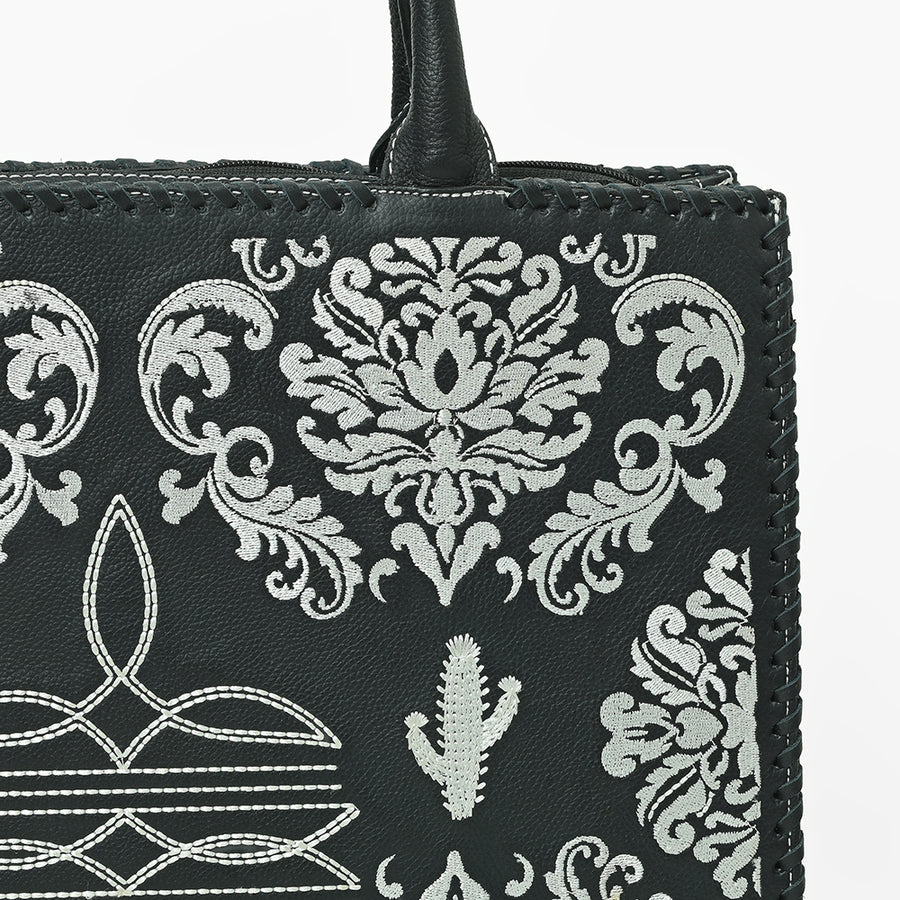 American Darling Black Western Embroidered Tote Bag with White Cactus Details
