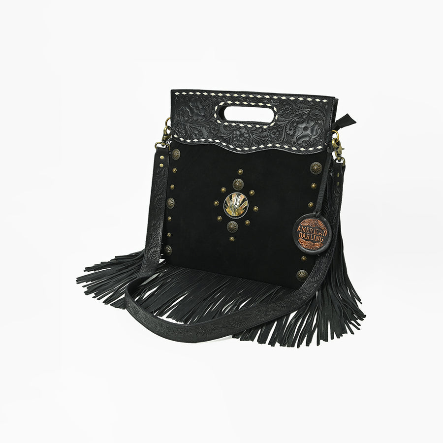 American Darling Hand Tooled Floral Leather Clutch Bag with Fringes and Concho - Uhorse