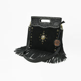 American Darling Hand Tooled Floral Leather Clutch Bag with Fringes and Concho - Uhorse
