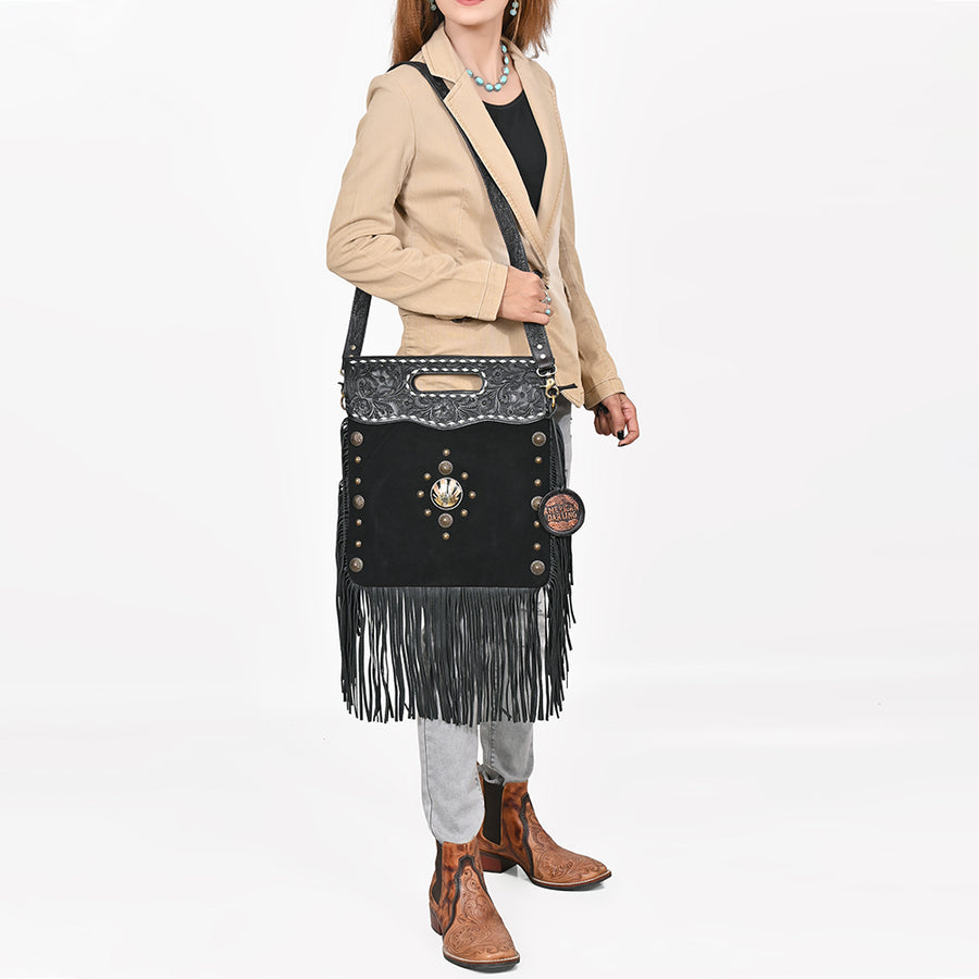 American Darling Clutch Bag Hand Tooled Floral Genuine Leather Western Purse with Fringes Concho and YKK Zipper