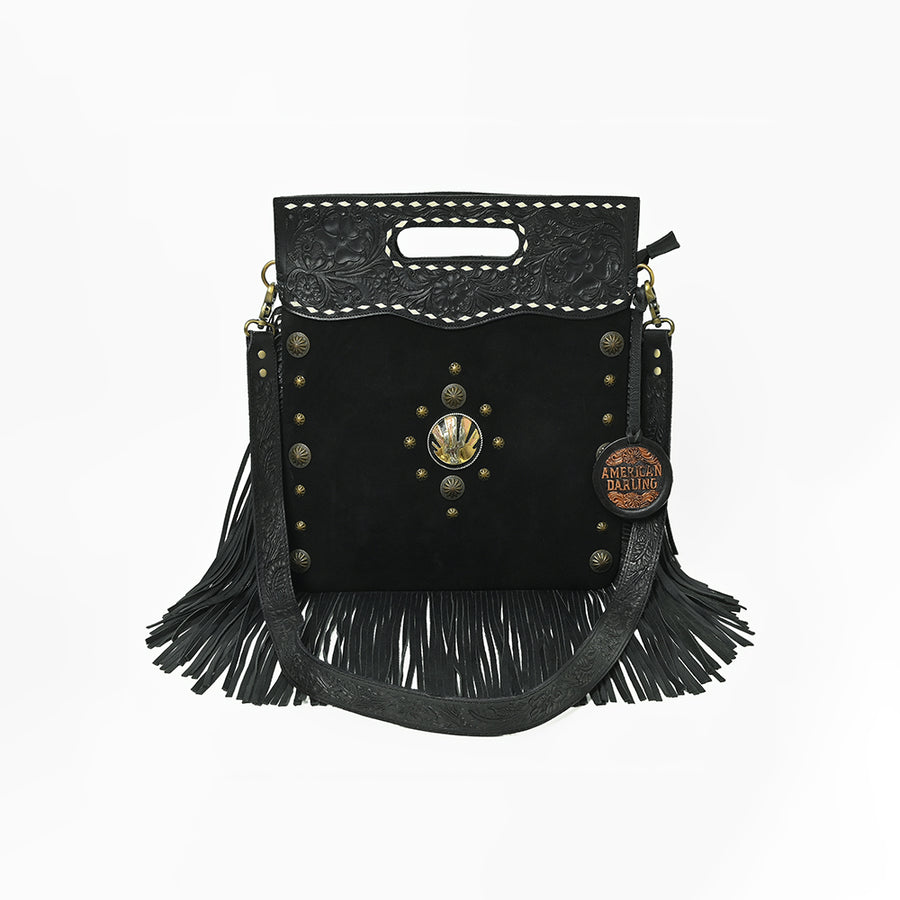 American Darling Clutch Bag Hand Tooled Floral Genuine Leather Western Purse with Fringes Concho and YKK Zipper
